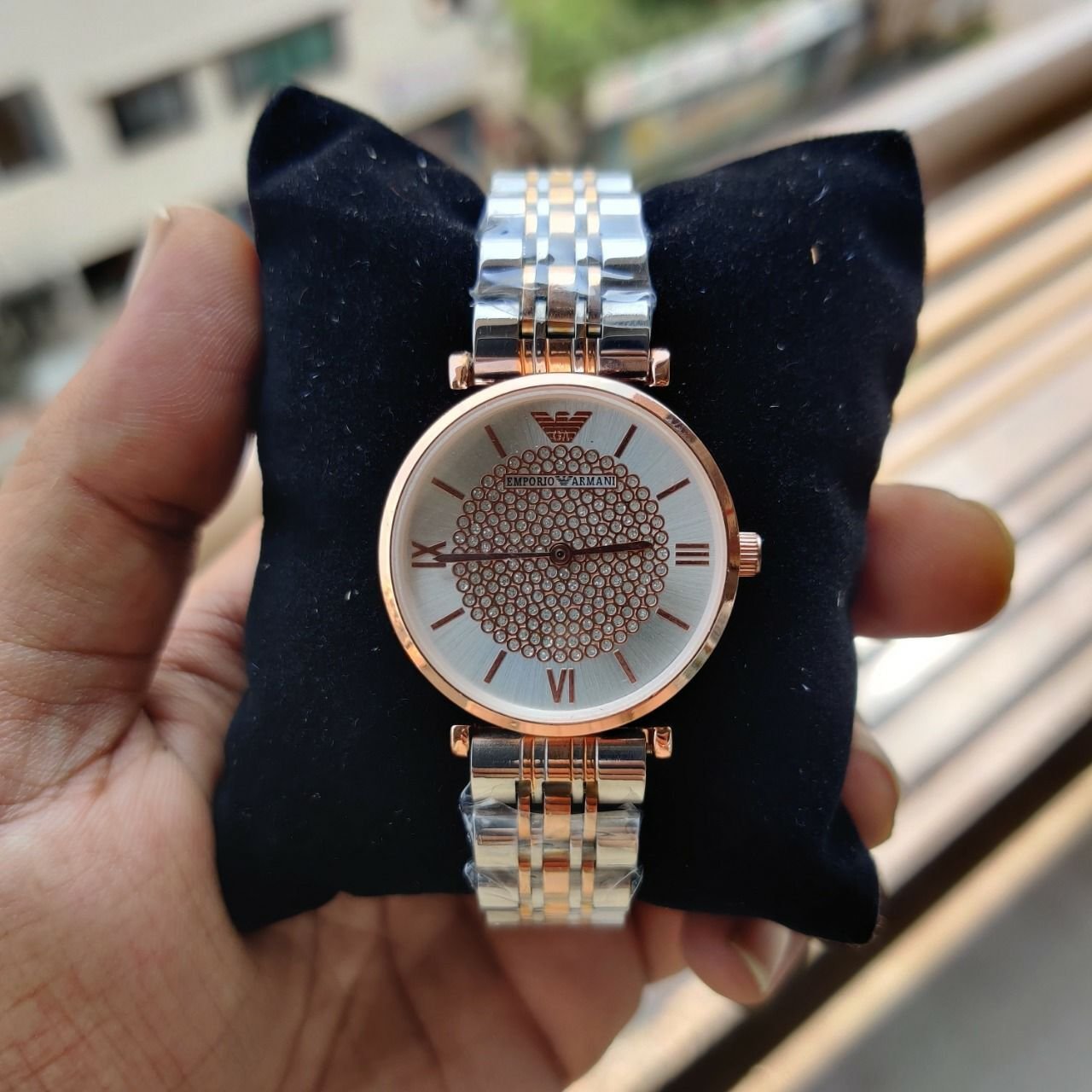Emporio Armani Diamond Stud Silver Gold Metal Belt Women's Watch