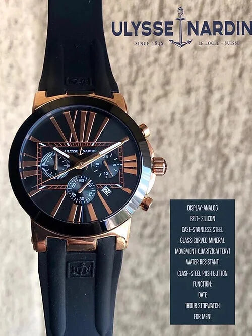Casual Ulysse Nardin Silicon Chronograph Black Dial Men's Watch Best Gift