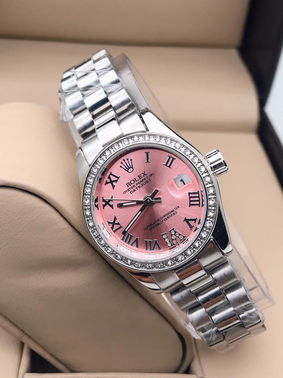 Rolex Pink and Silver Dial Diamond Stud Women's  Watch