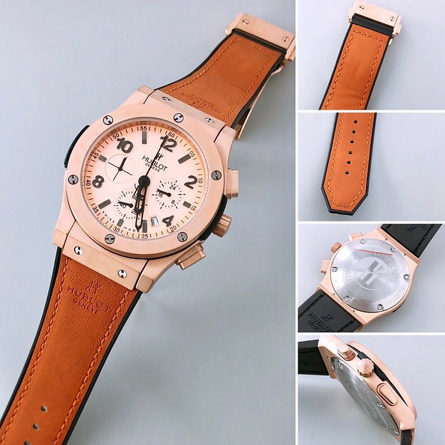 Hublot Rose Gold Dial Chronograph Analog Quartz Orange Leather Belt Men's Watch