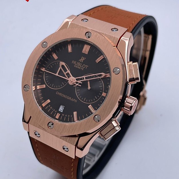 Hublot Copper Black Dial Chronograph Analog Quartz Datejust Leather Belt Watch