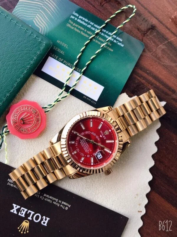 Stylish Rolex Red Dial Metal Belt Analog Quartz Movement For Men's watch