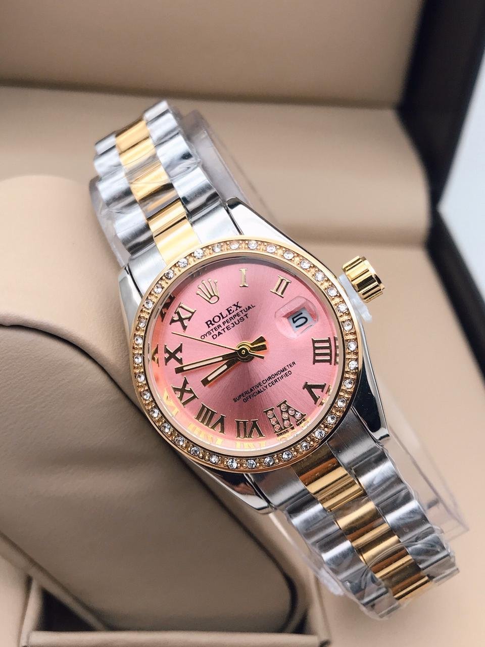 Rolex Pink Dial Luxury Silver Gold Strap Women’s Watch