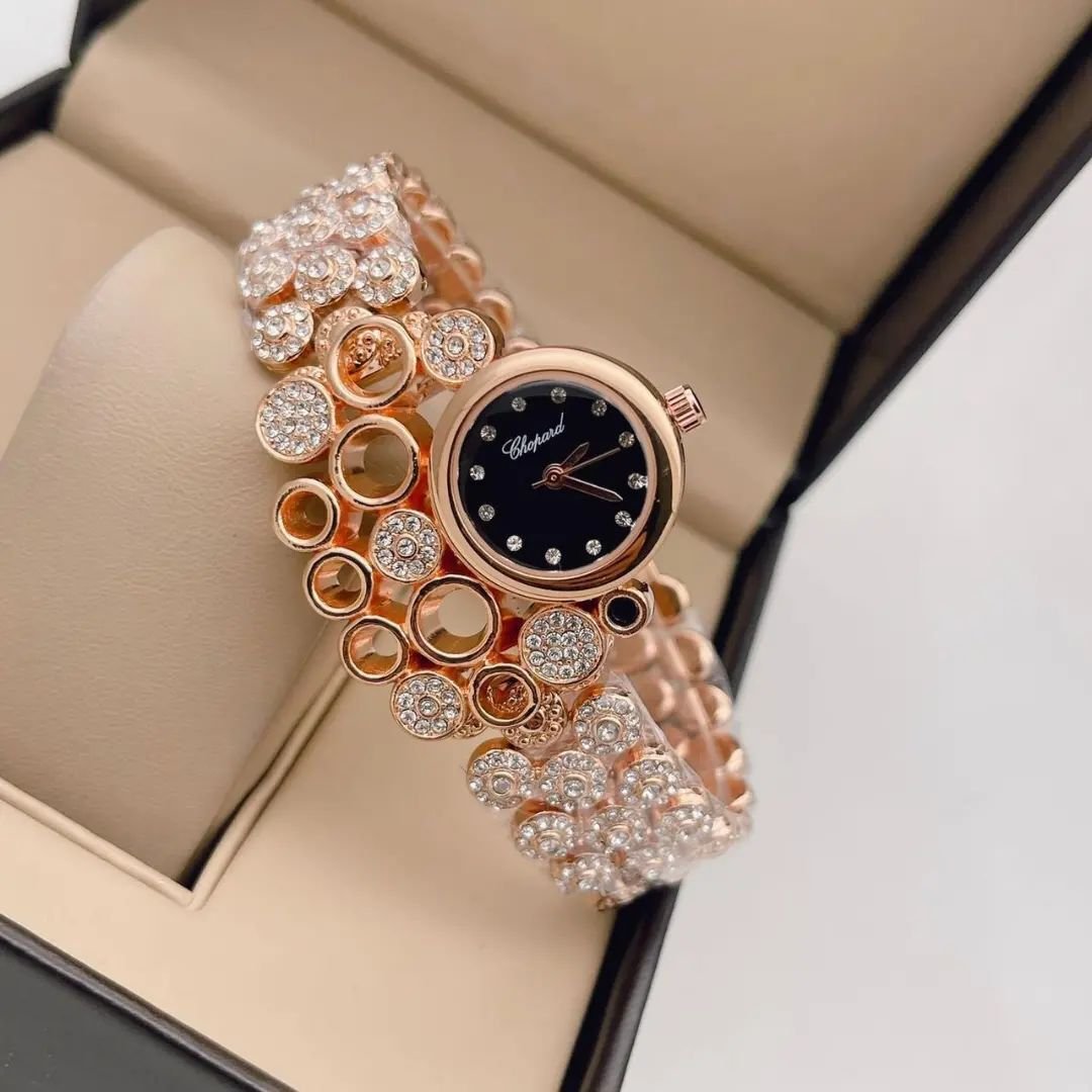 Chopard Rose Gold Diamond Studded  Black Dial Watch For Women
