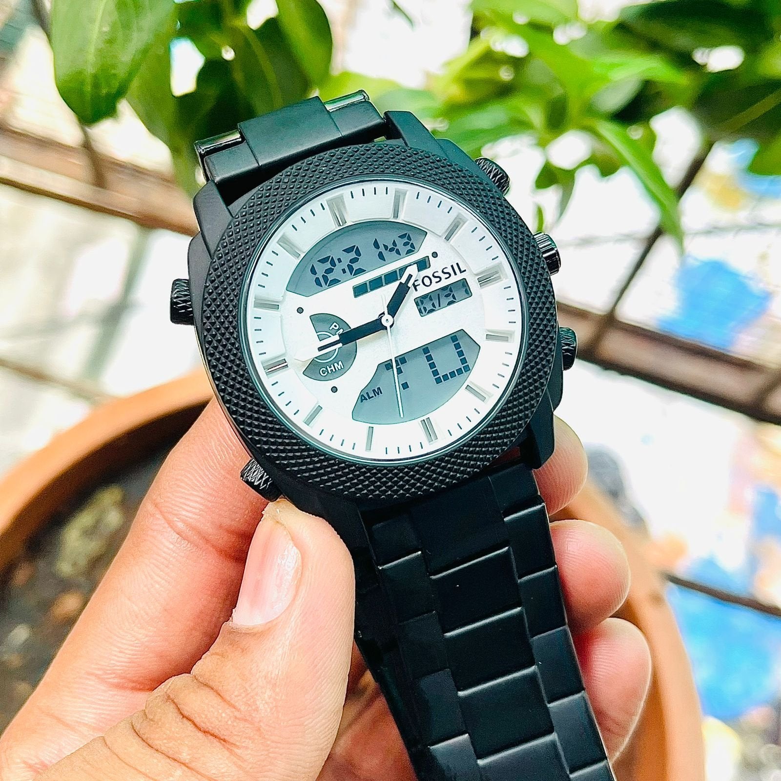 Fossil Full Matt Black Analog And Digital Metal Belt Watch For Men