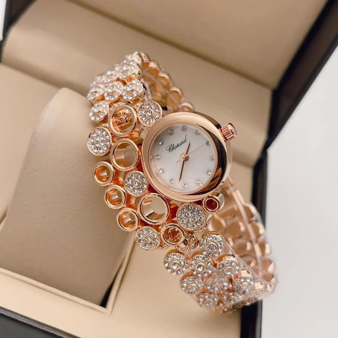 Elegant Chopard Rose Gold Diamond Studded White Dial Watch For Women