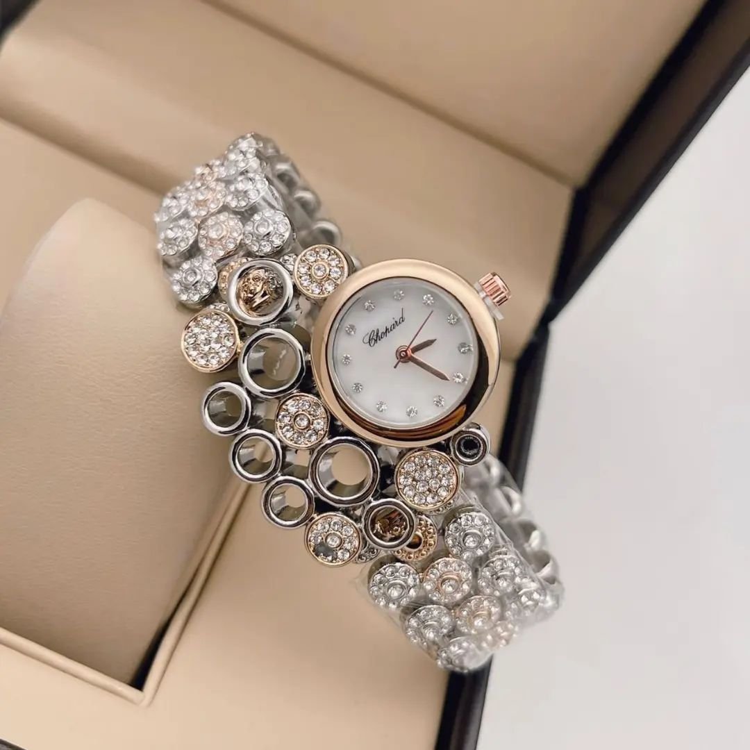 Rose Gold Diamond Studded White Dial Watch For Women