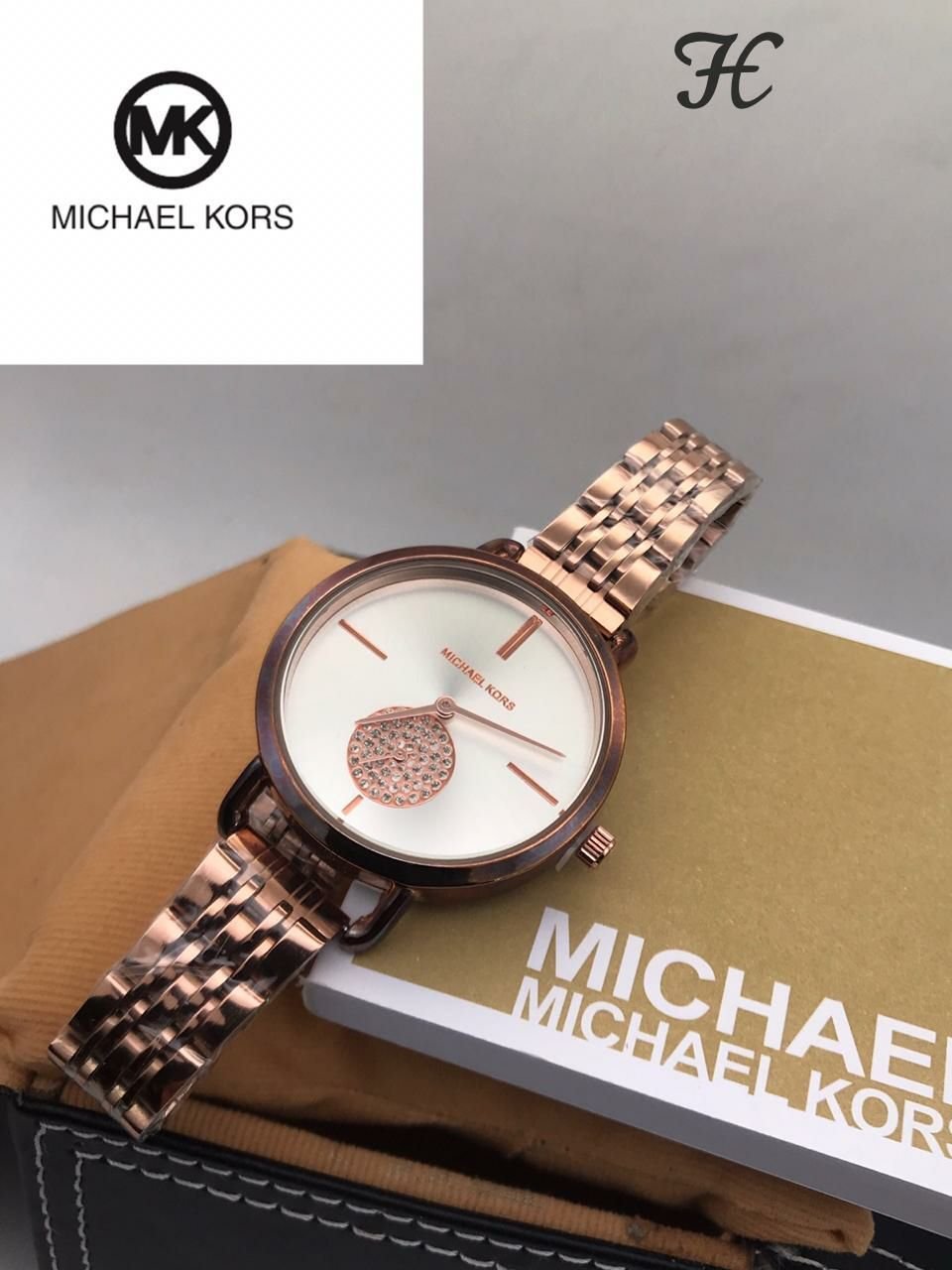 Michael Kors White Dial Rose Gold Strap Diamond Watch For Women