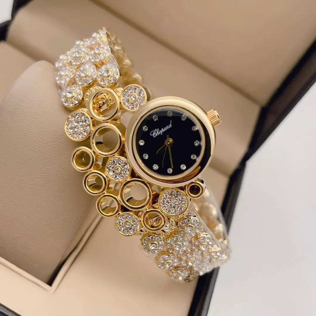 Chopard Gold Diamond Studded Black Dial Watch For Women