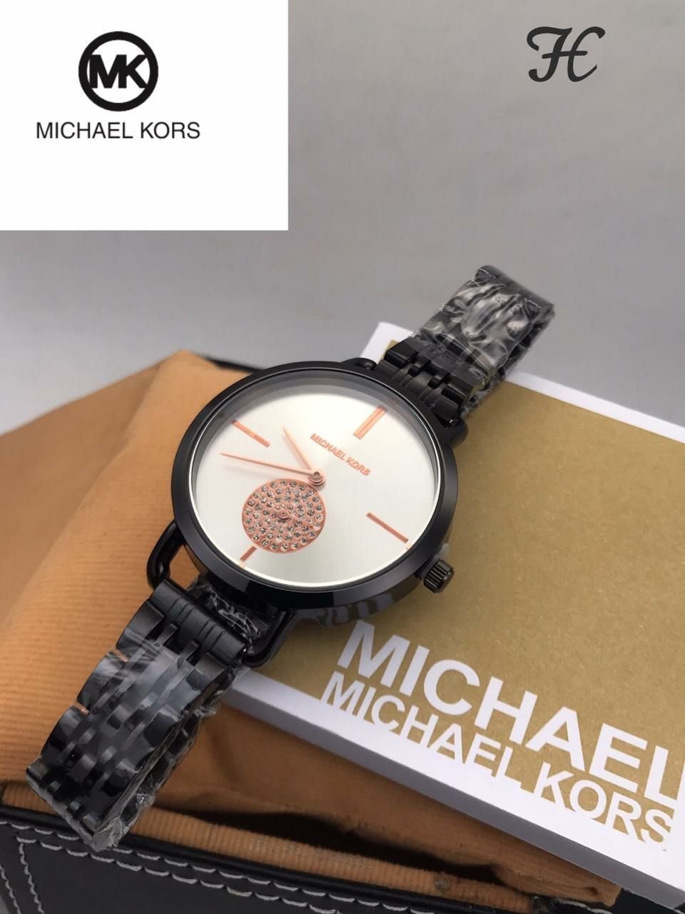 Michael Kors Black Metal Strap Diamond Watch For Women