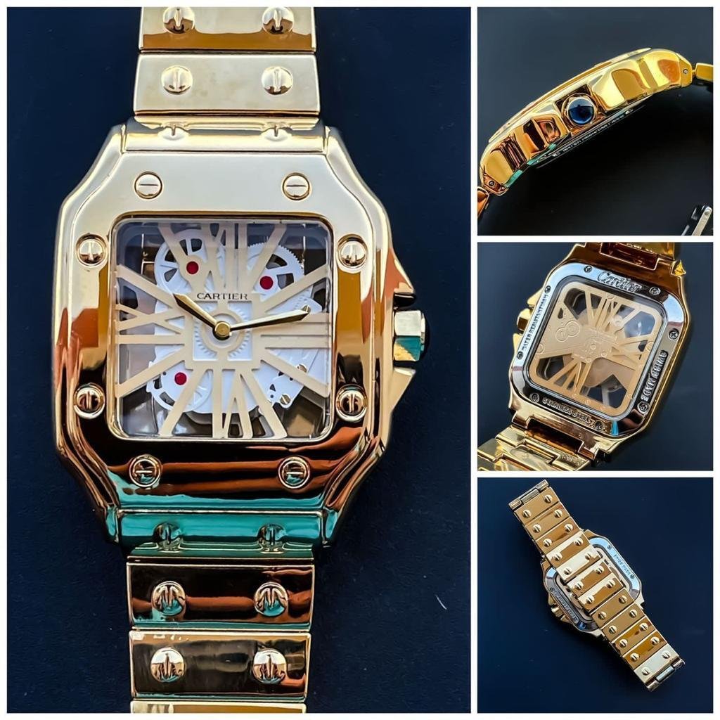 Luxury Cartier Transparent Square Gold Dial Quartz Analog Men's Watch