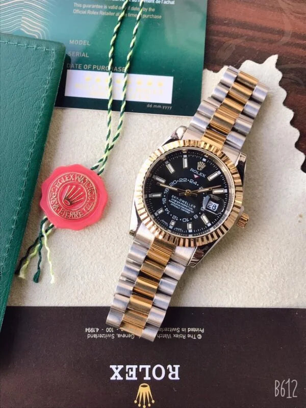 Spectacular Rolex Black Dial Metal Belt Watch For Men