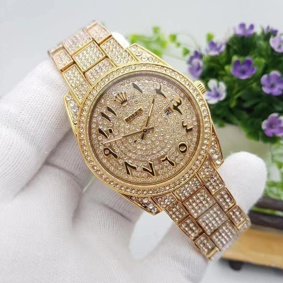 Luxury Rolex Men's Analog Gold Arabic Numerals Diamond Watch