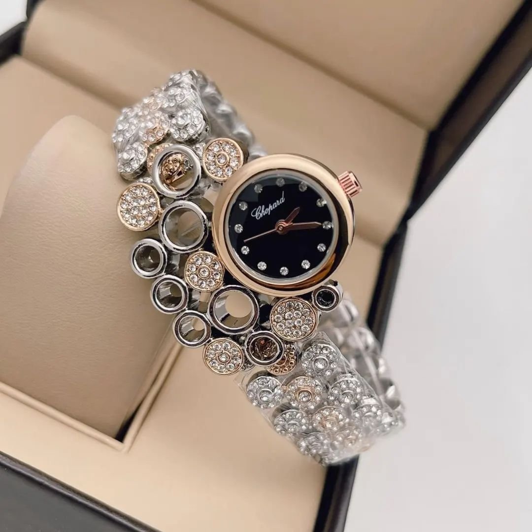 Chopard Silver Gold Black Dial Diamond Studded Watch For Women