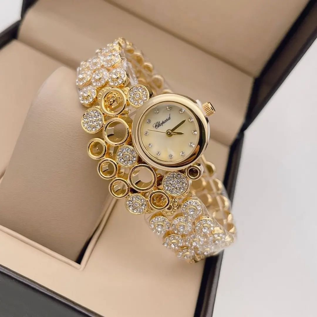 Chopard Shining Gold Dial Diamond Studded Watch For Women