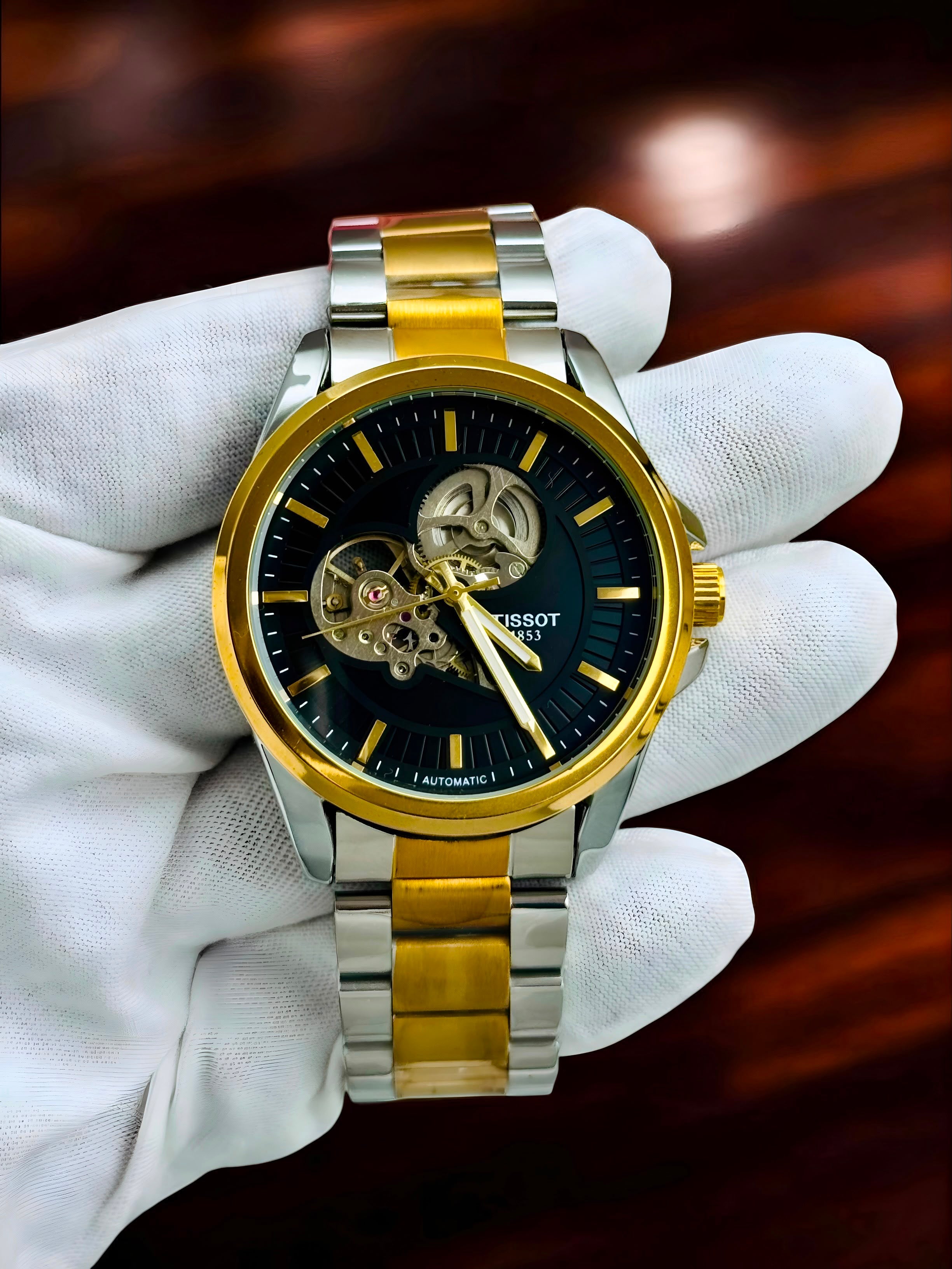 Tissot Men's Automatic Black Gold & Silver Skeleton Watch