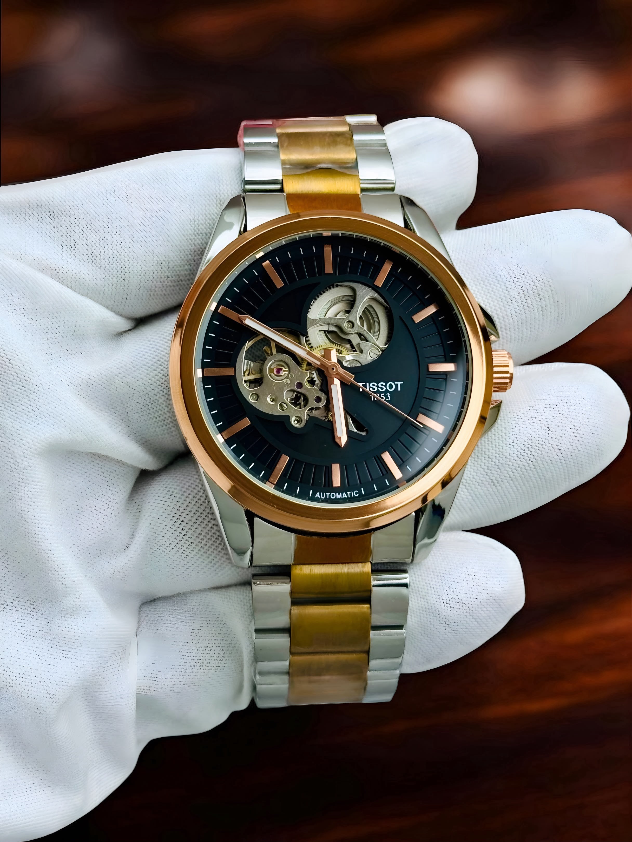 Tissot Men's Automatic Black Rose & Silver Skeleton Watch