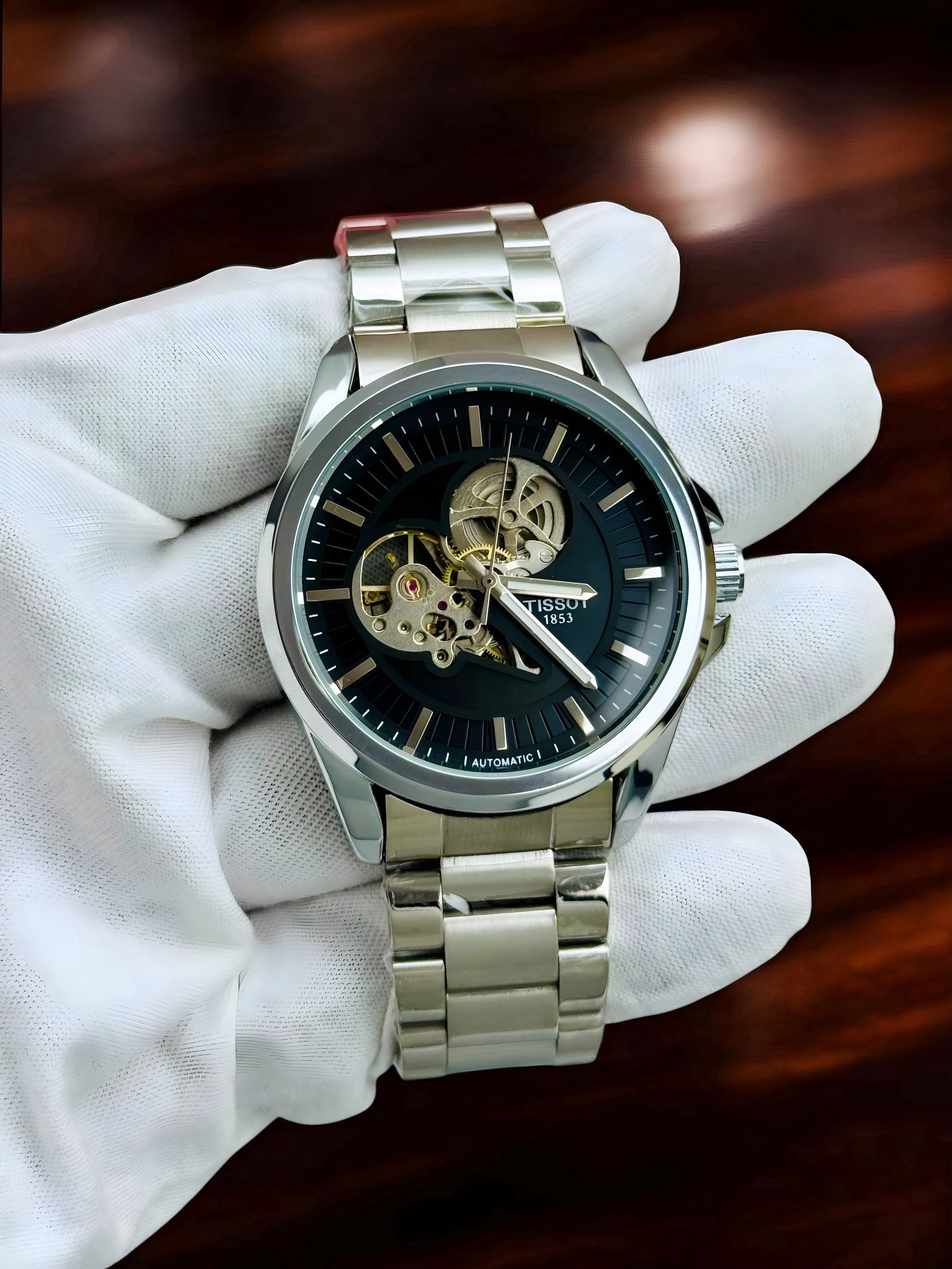 Tissot Men's Automatic Black silver Skeleton Watch