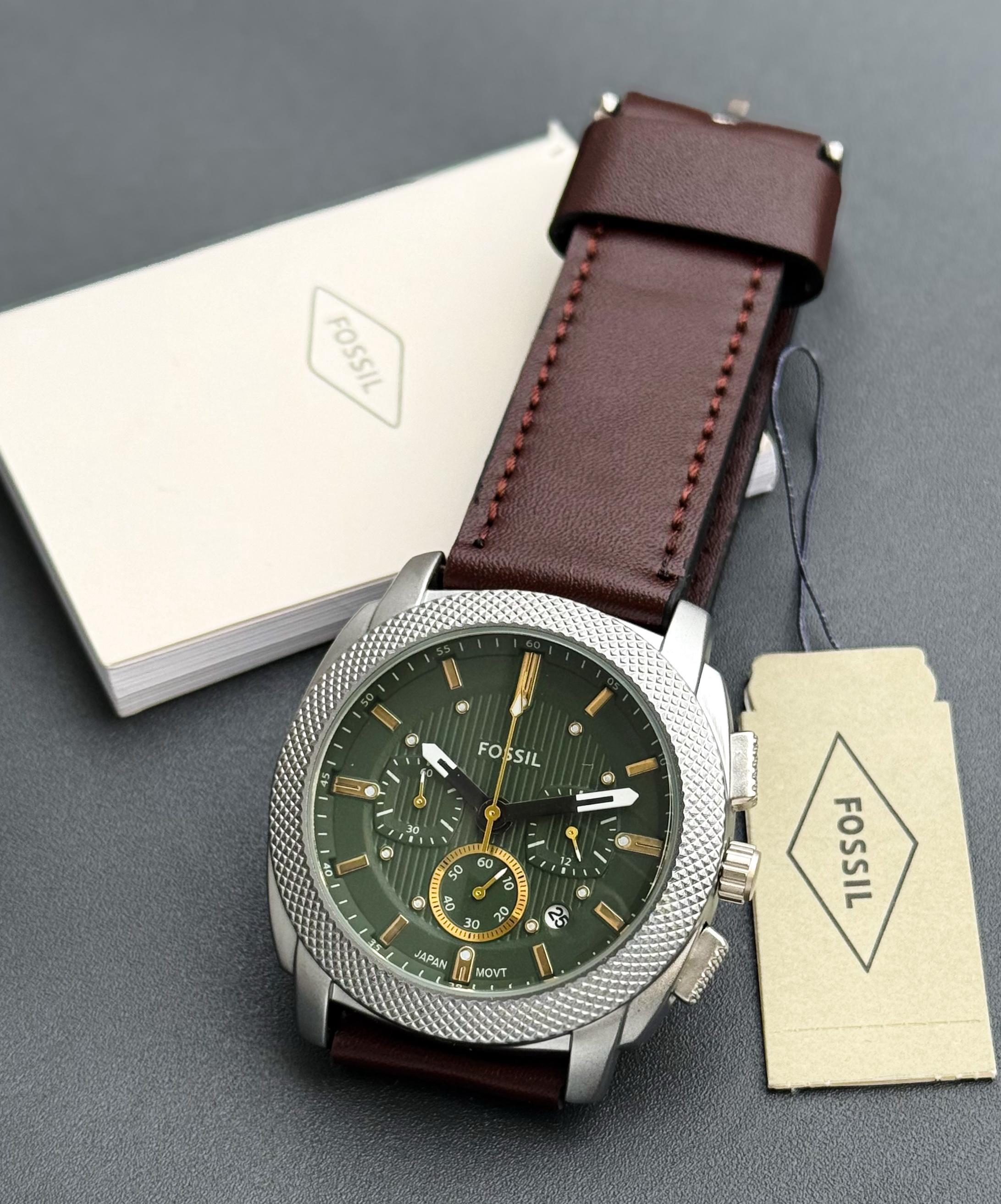 Fossil Green Dial Leather Strap Men's Watch