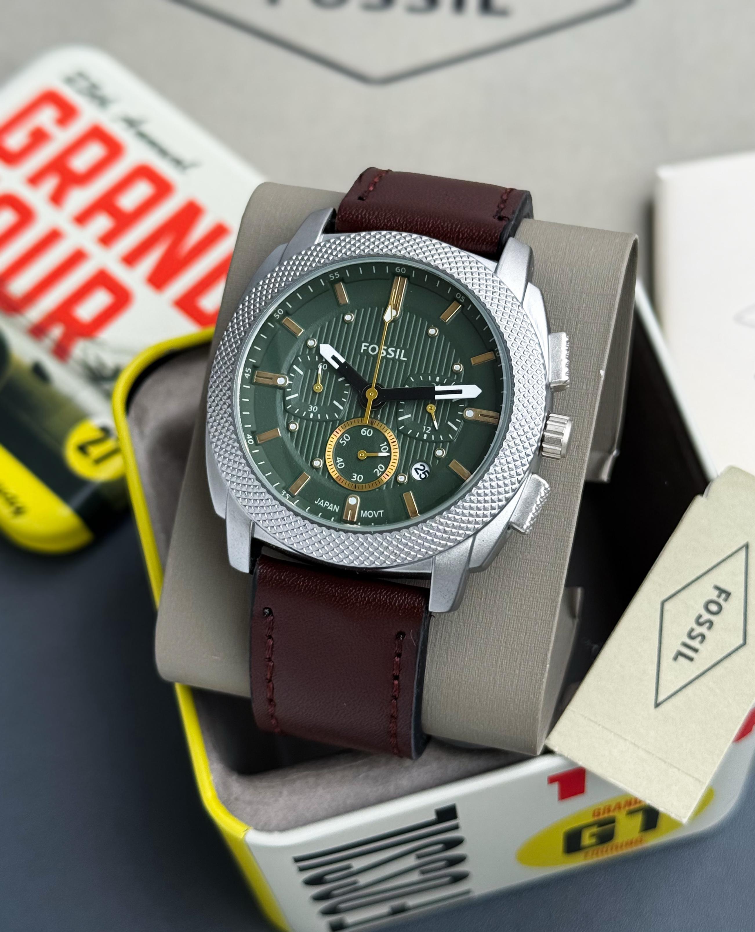 Fossil Green Dial Leather Strap Men's Watch