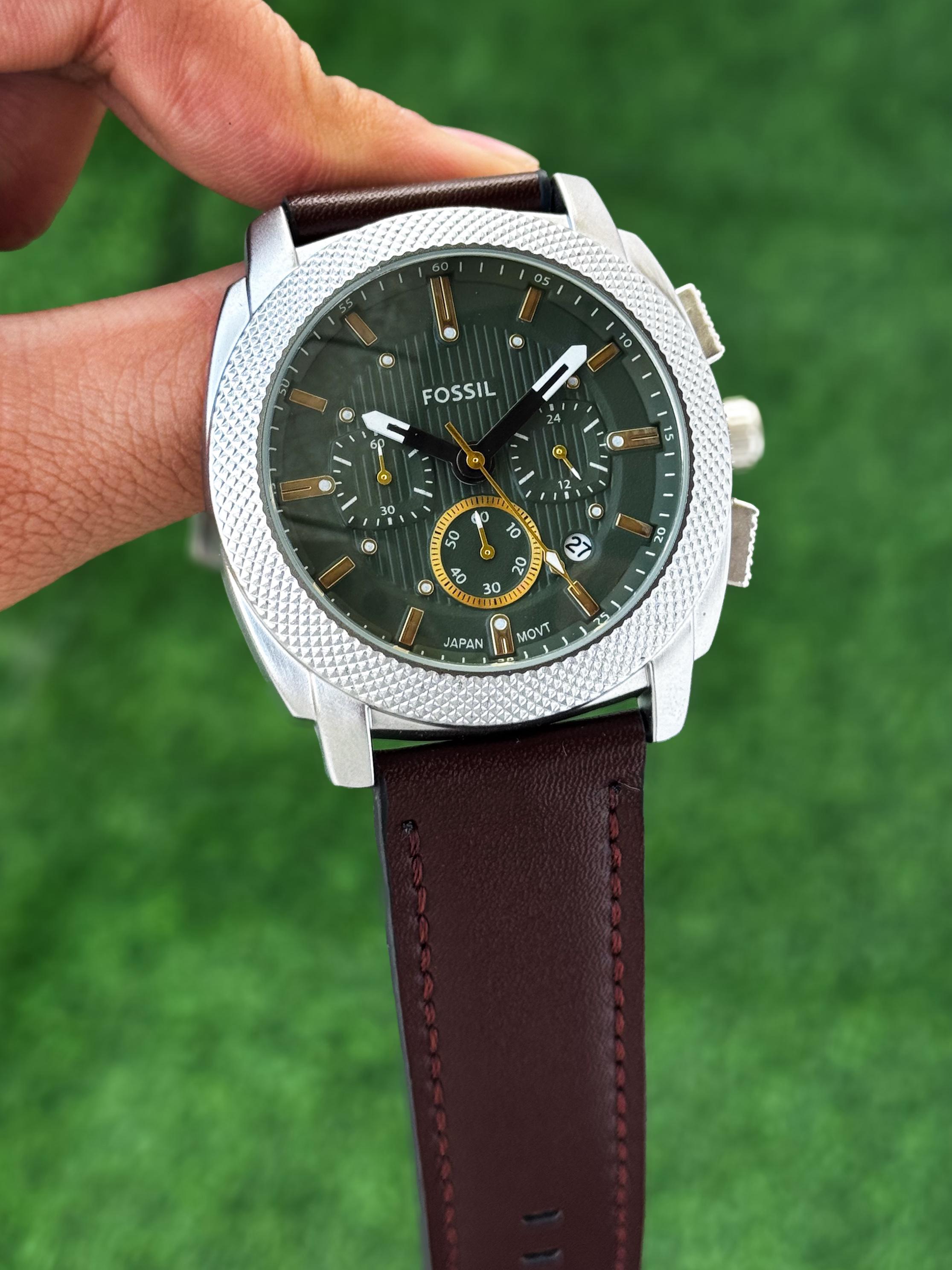 Fossil Green Dial Leather Strap Men's Watch