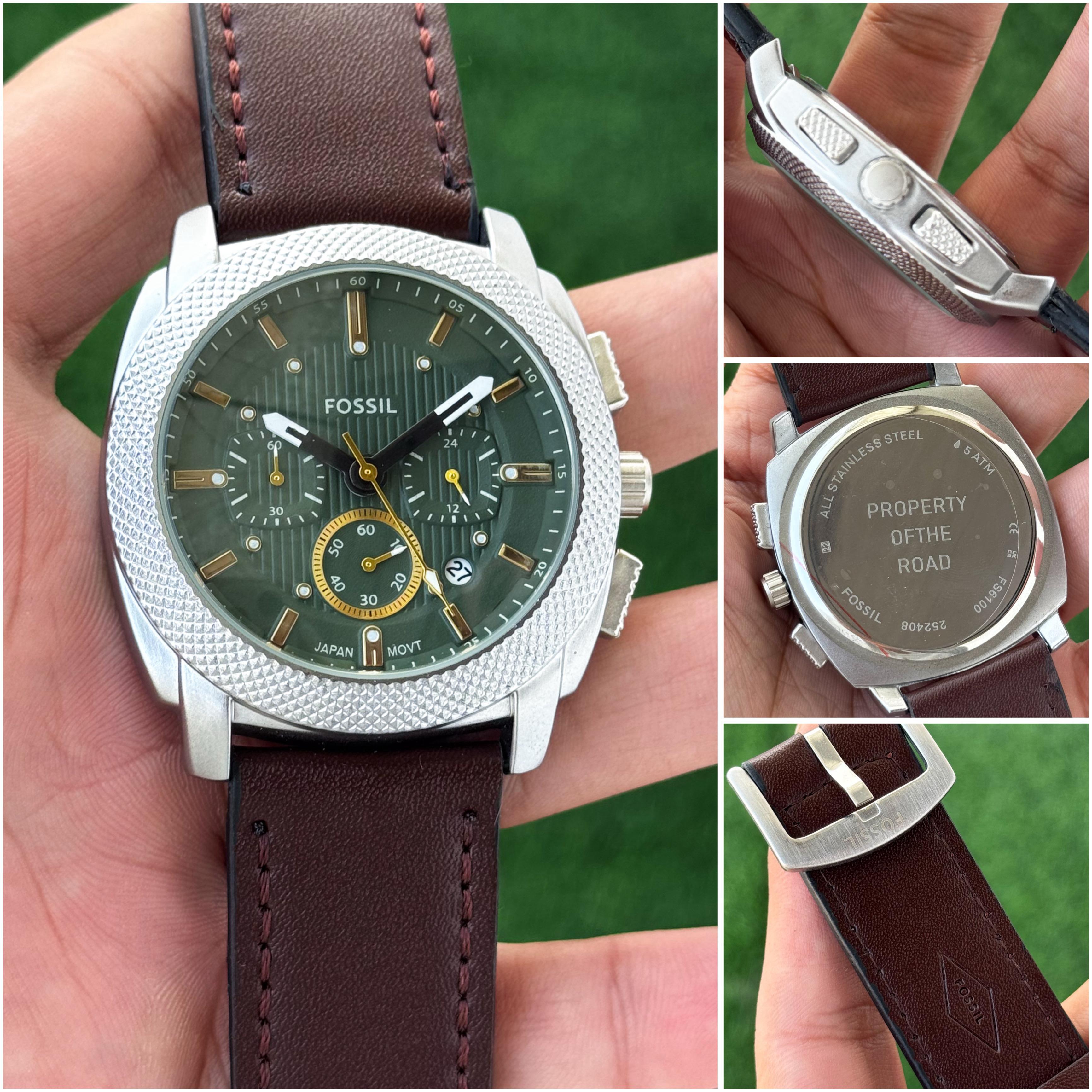 Fossil Green Dial Leather Strap Men's Watch
