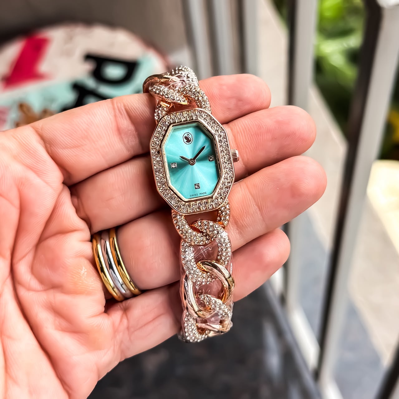 Swarovski Rose Gold Blue Dial Women's Watch