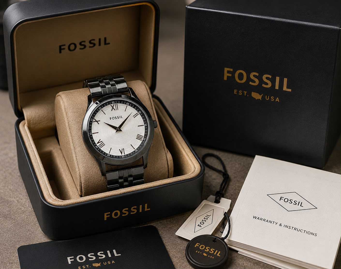 Fossil White Dial Black Metal Belt Men's Watch