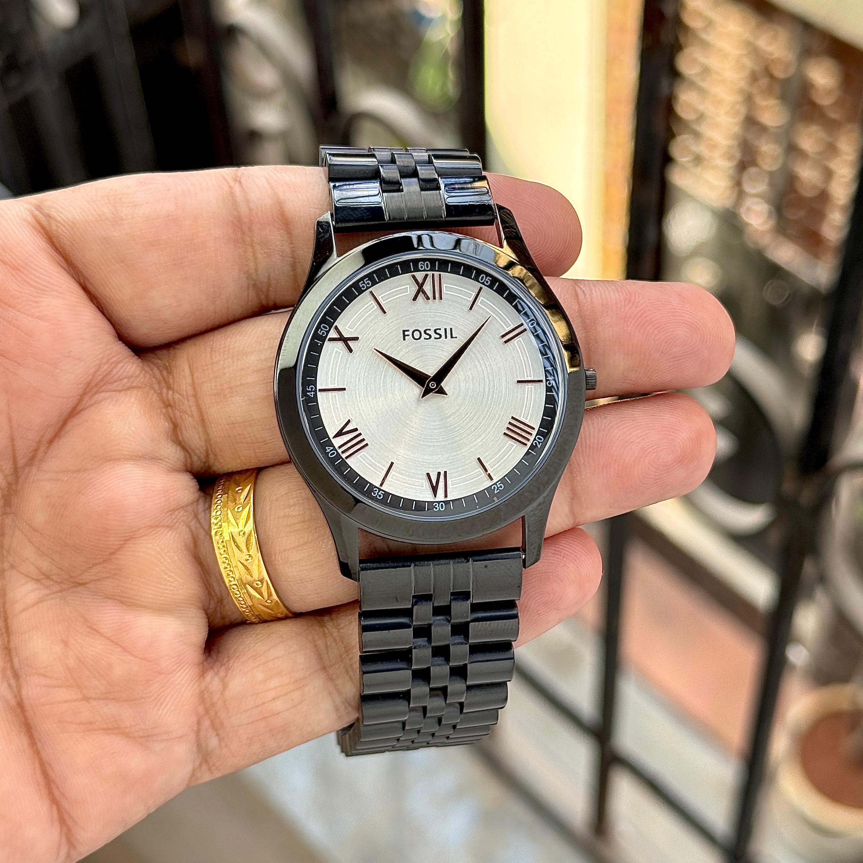 Fossil White Dial Black Metal Belt Men's Watch