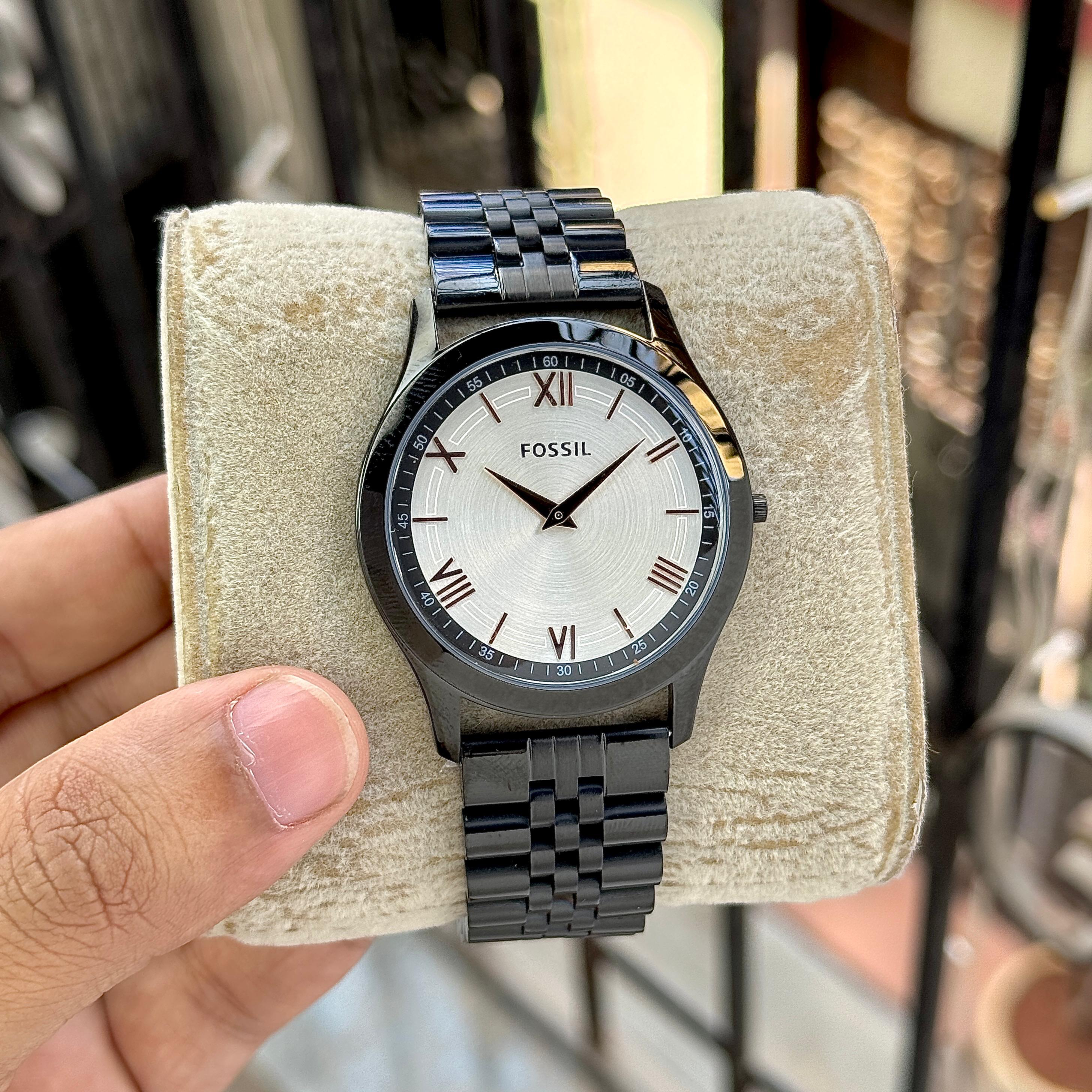 Fossil White Dial Black Metal Belt Men's Watch
