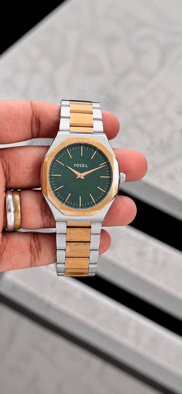 Fossil Green Dial Rose Gold & Silver Analog Watch