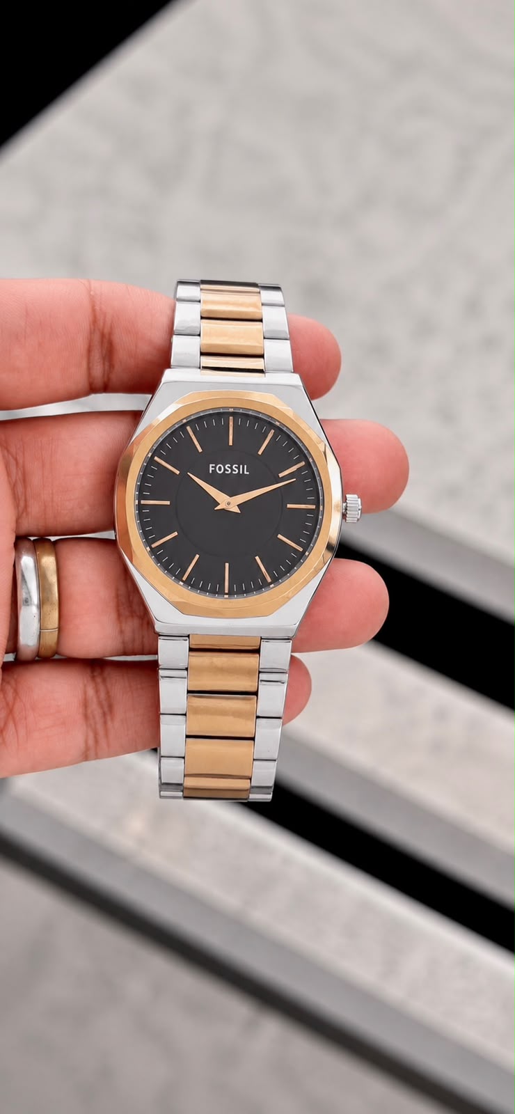 Fossil Black Dial Rose Gold & Silver Analog Watch