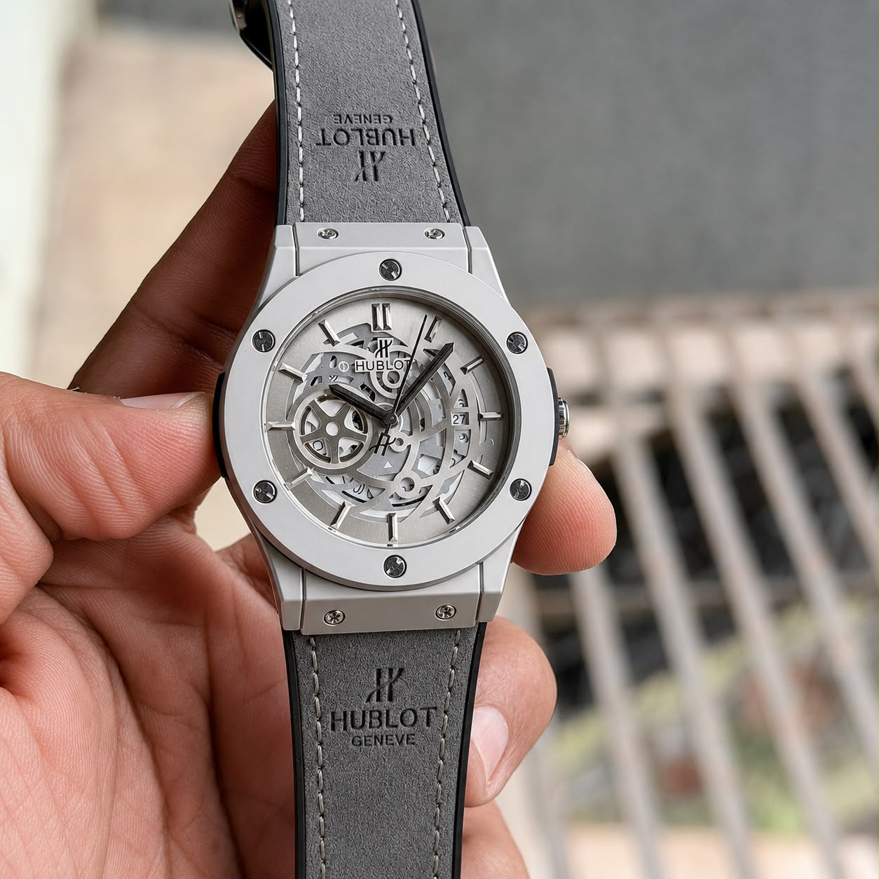 Hublot Big Bang Style Silver Skeleton Leather Watch