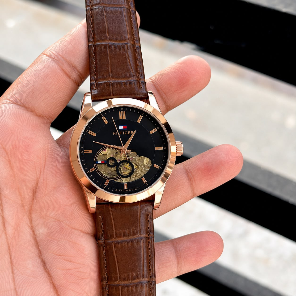 Tommy Hilfiger Black Dial Rose Gold Automatic Watch