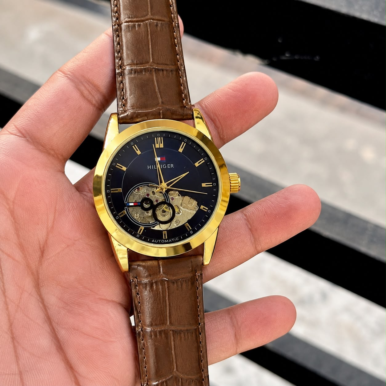 Tommy Hilfiger Blue Dial Gold-Tone Open Heart Automatic Watch