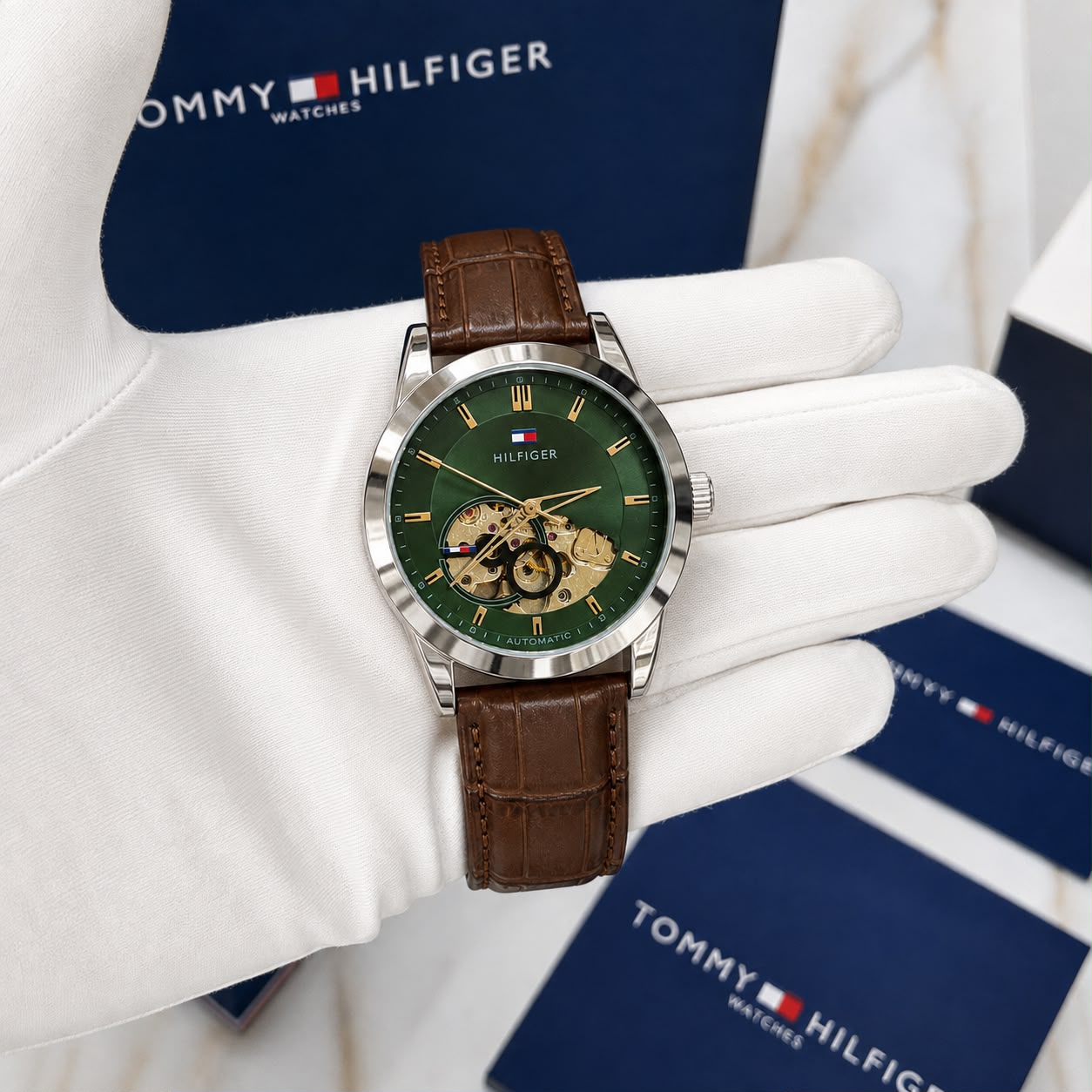 Tommy Hilfiger Blue Dial Gold-Tone Open Heart Automatic Watch