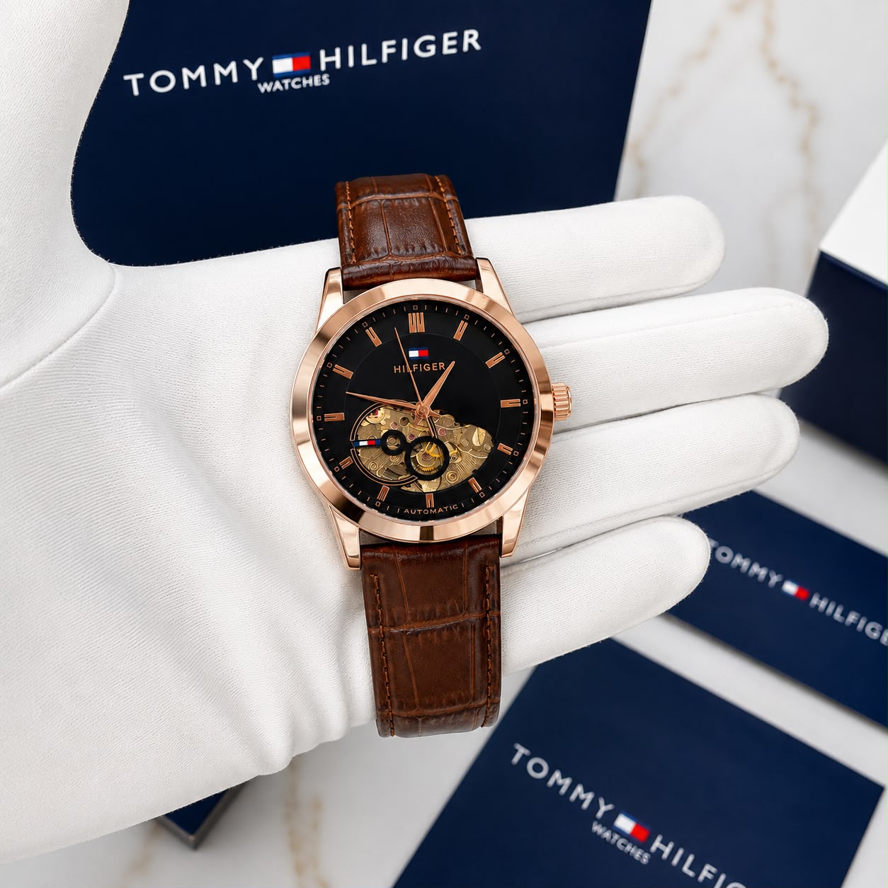 Tommy Hilfiger Black Dial Rose Gold Automatic Watch