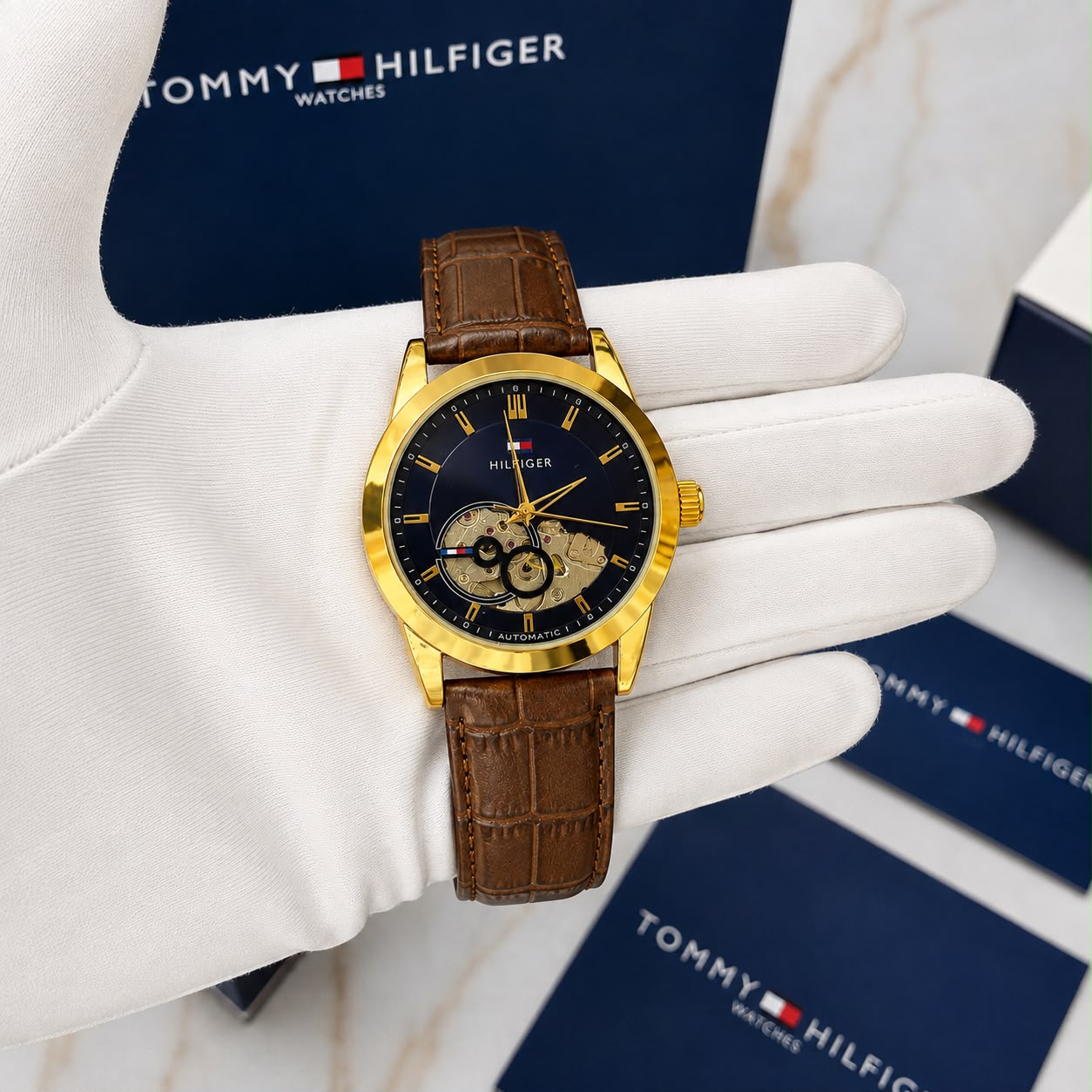 Tommy Hilfiger Blue Dial Gold-Tone Open Heart Automatic Watch