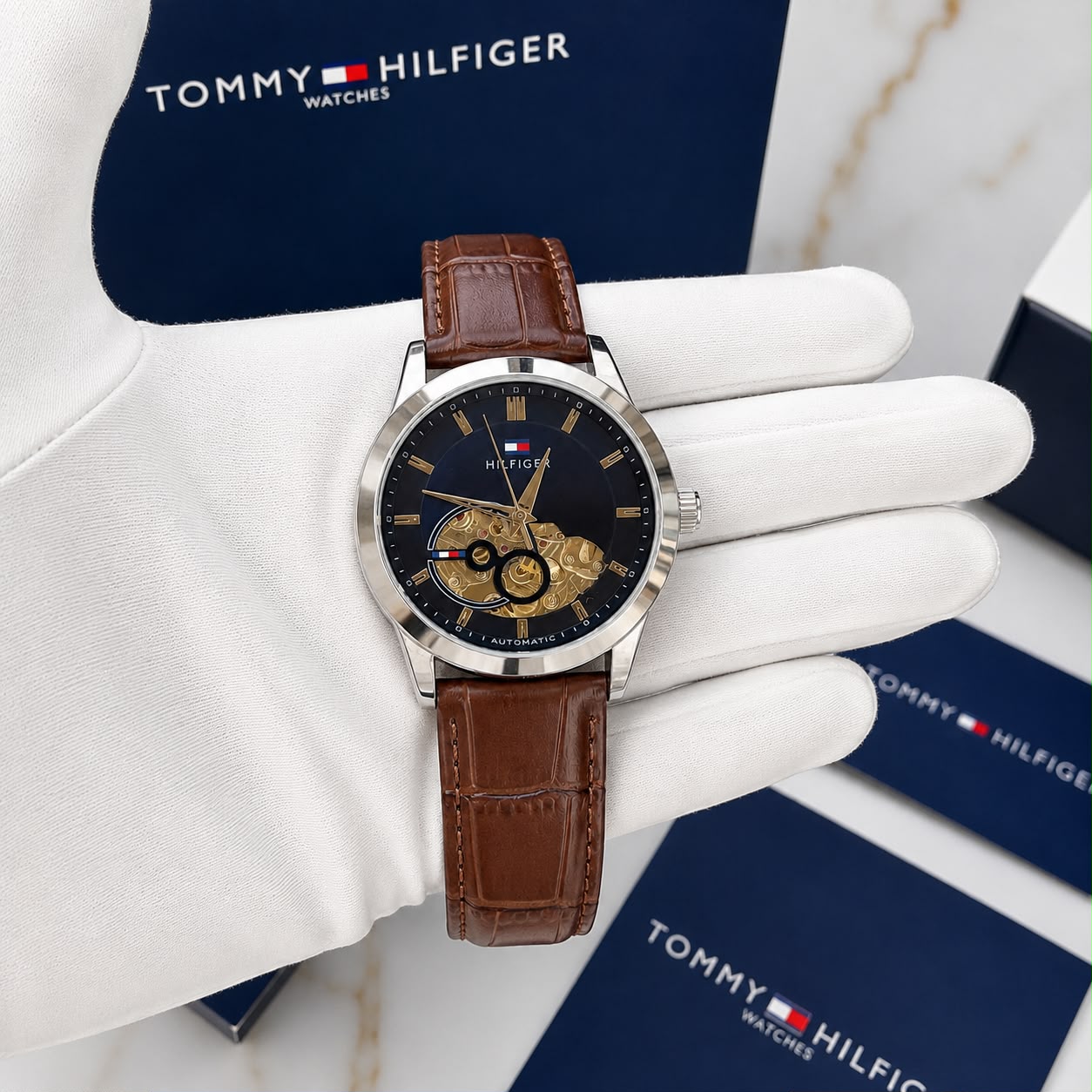Tommy Hilfiger Blue Dial Silver-Tone Open Heart Automatic Watch