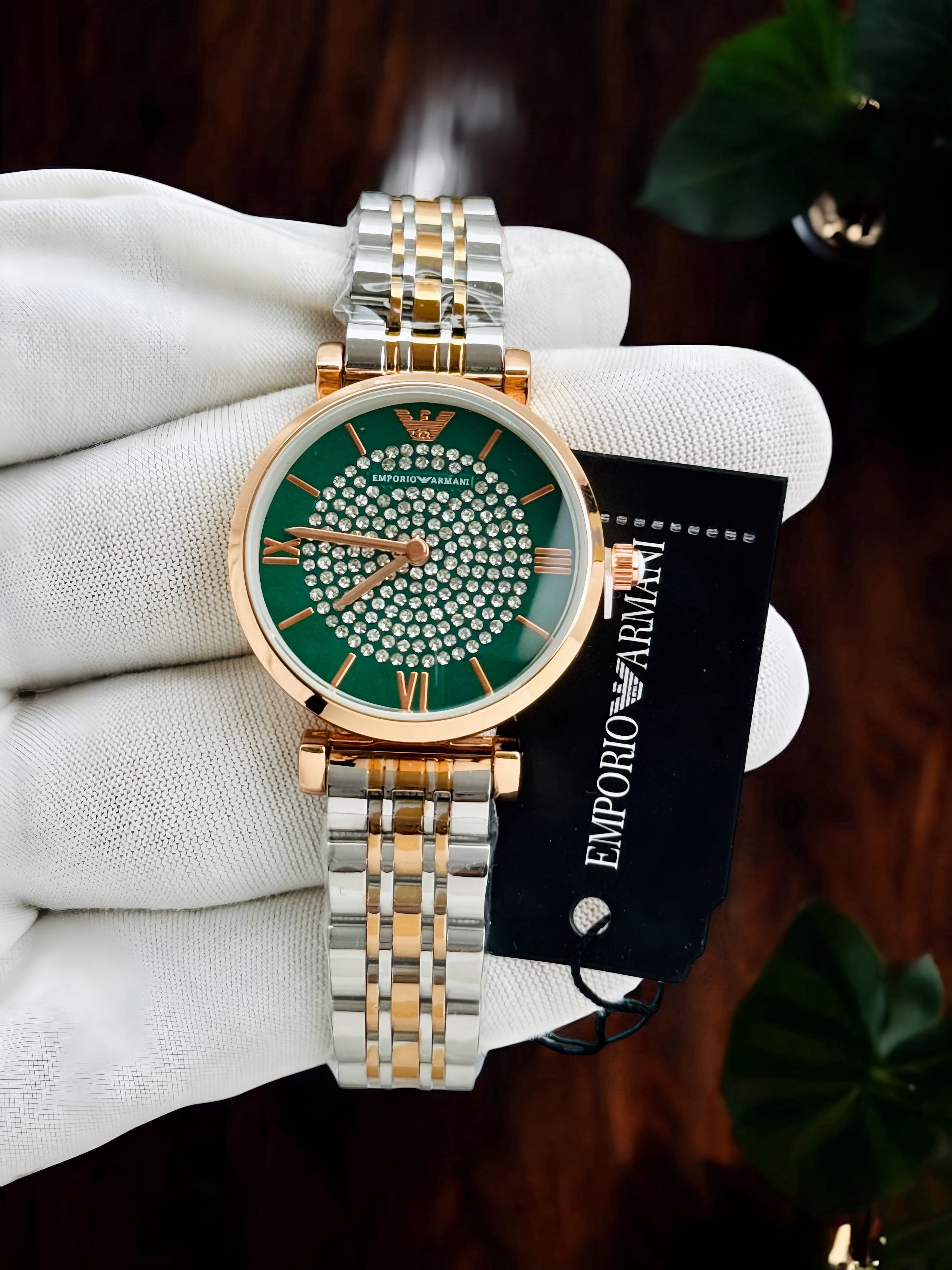 Emporia Armani Diamond Studded Rose Green Two Tone Women's Watch