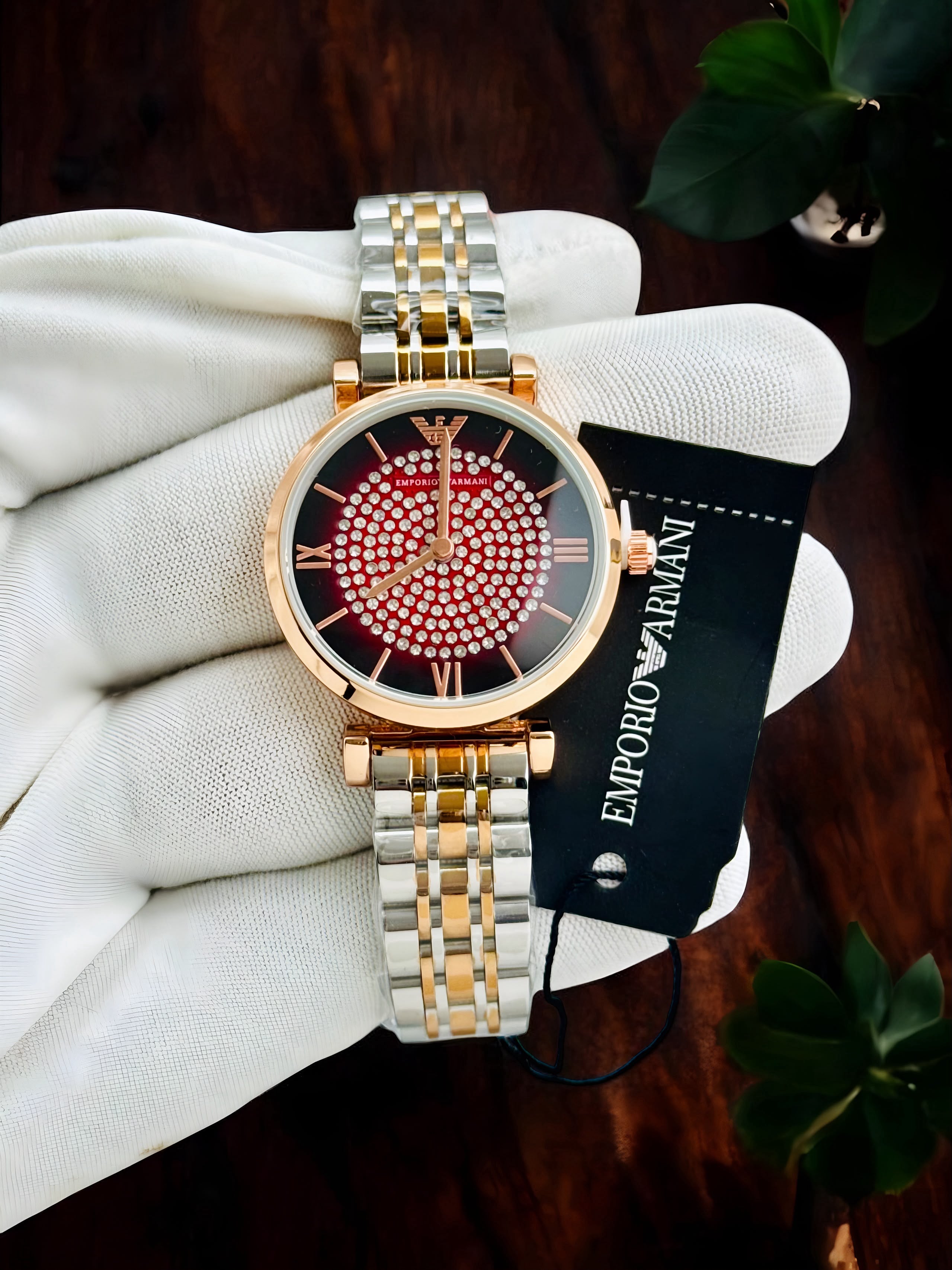 Emporia Armani Diamond Studded Red Dial Women's Watch