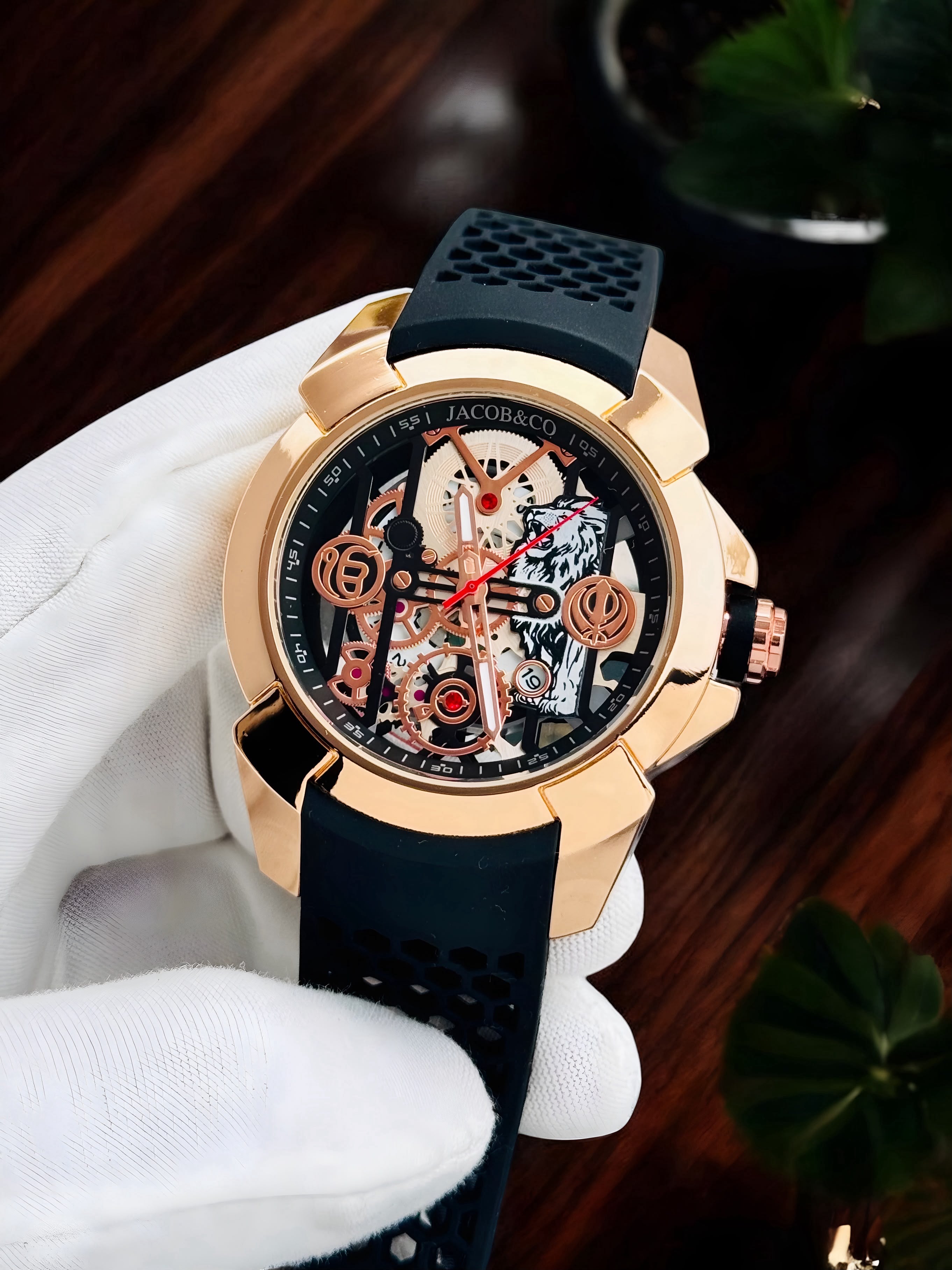 Jacob & Co Skeleton Dial Black Gold Rubber Strap Men's Watch