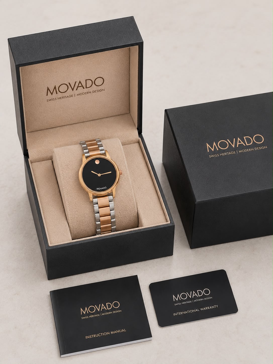 Movado Slim Black Dial Two Tone Women's Watch