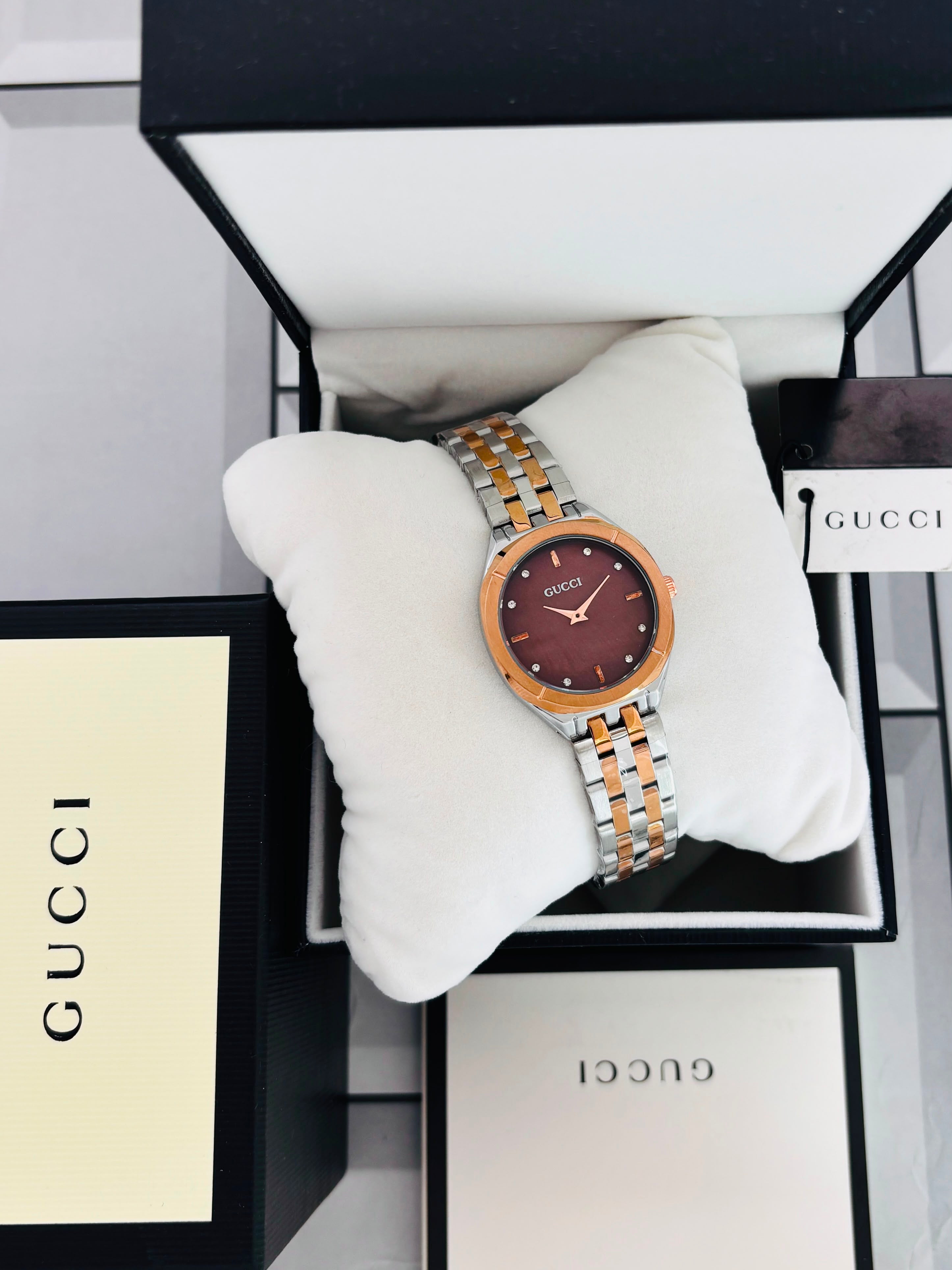 Elegant Two-Tone Premium Quality Red Dial Gucci Women's Wristwatch
