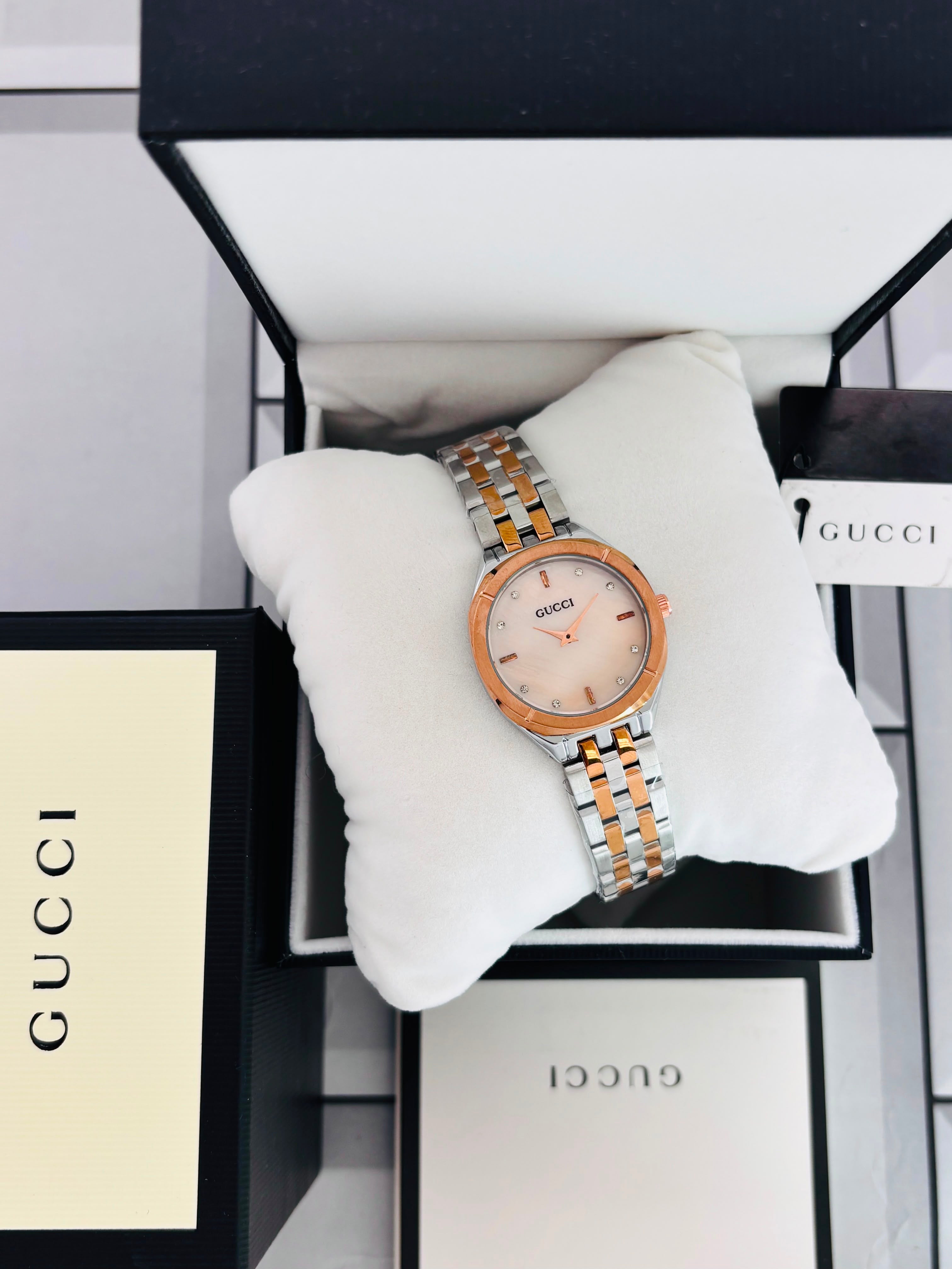 Elegant Two-Tone Premium Quality Gold Dial Gucci Women's Wristwatch