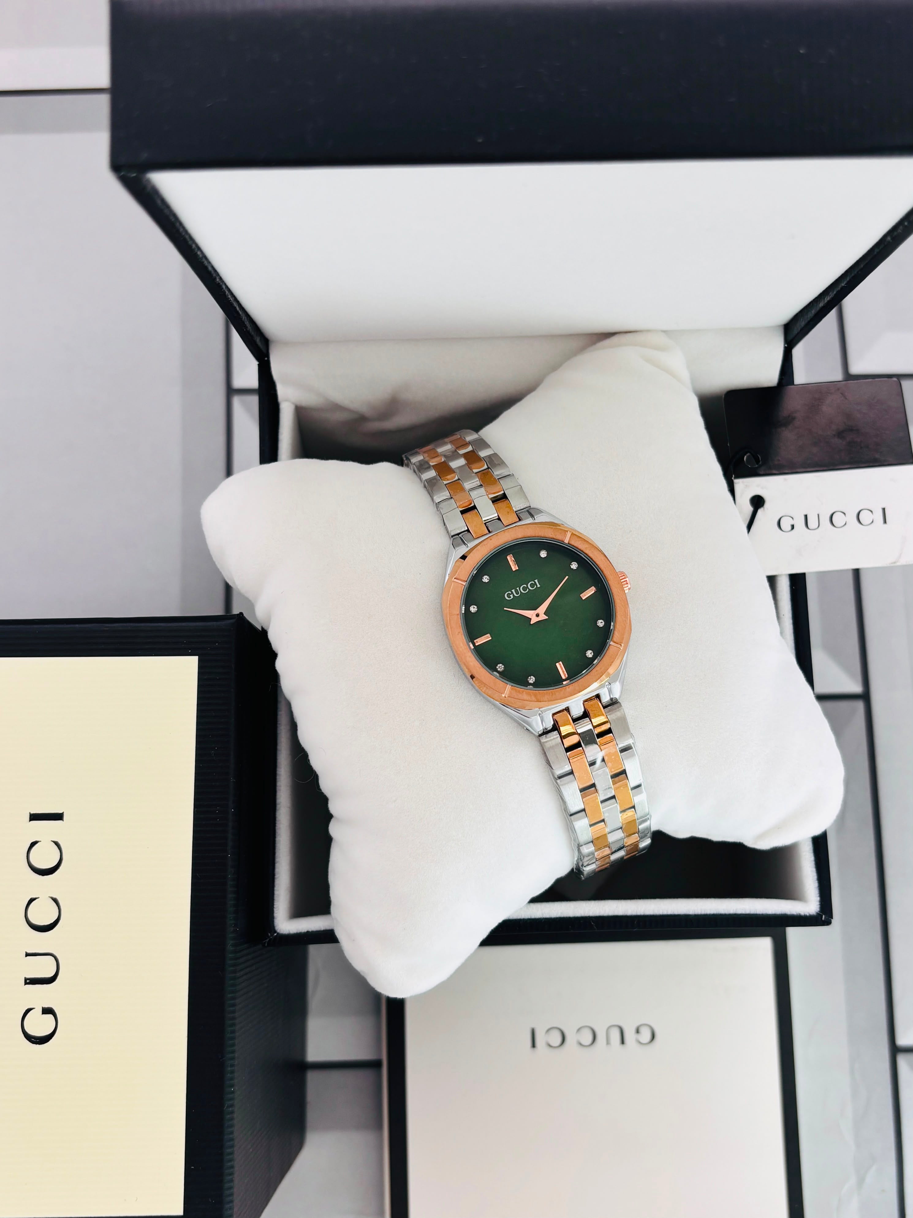 Elegant Two-Tone Premium Quality Green Dial Gucci Women's Wristwatch