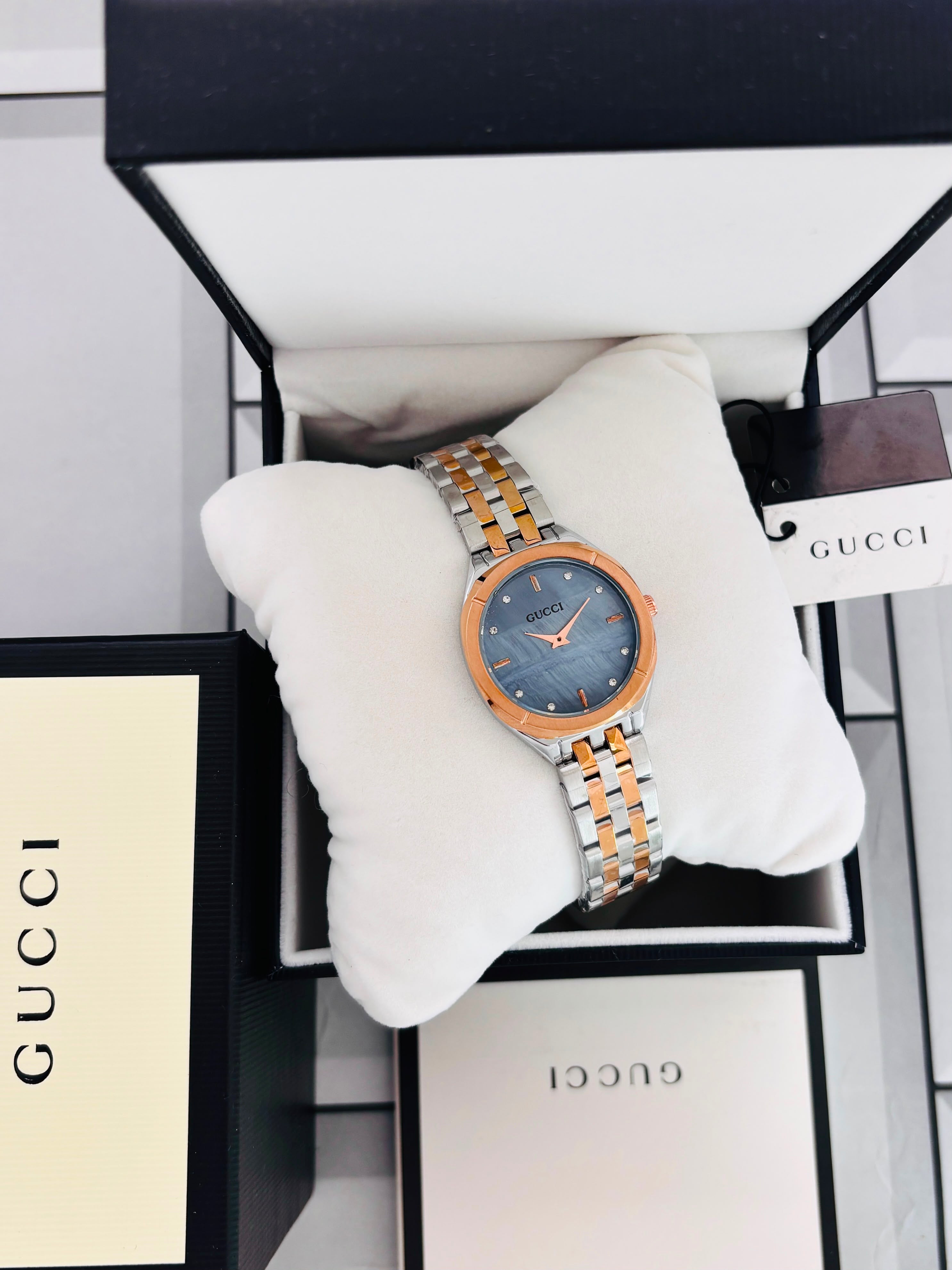Elegant Two-Tone Premium Quality Blue Dial Gucci Women's Wristwatch