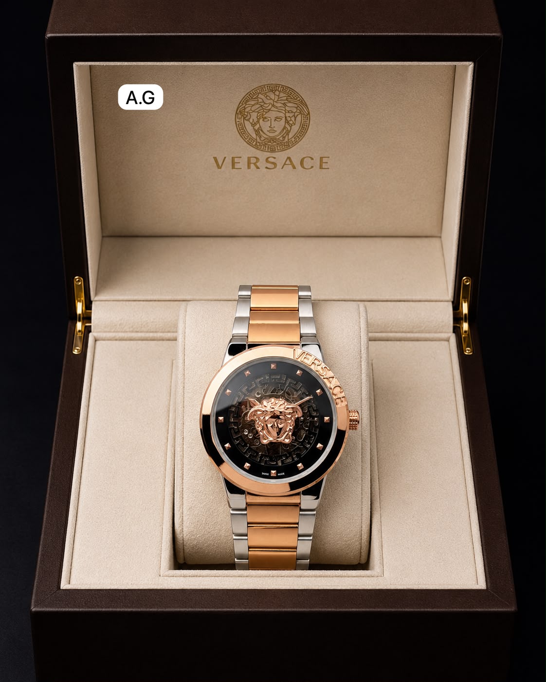 Versace Black Dial Two Tone Automatic Open Back Machine Men's Watch
