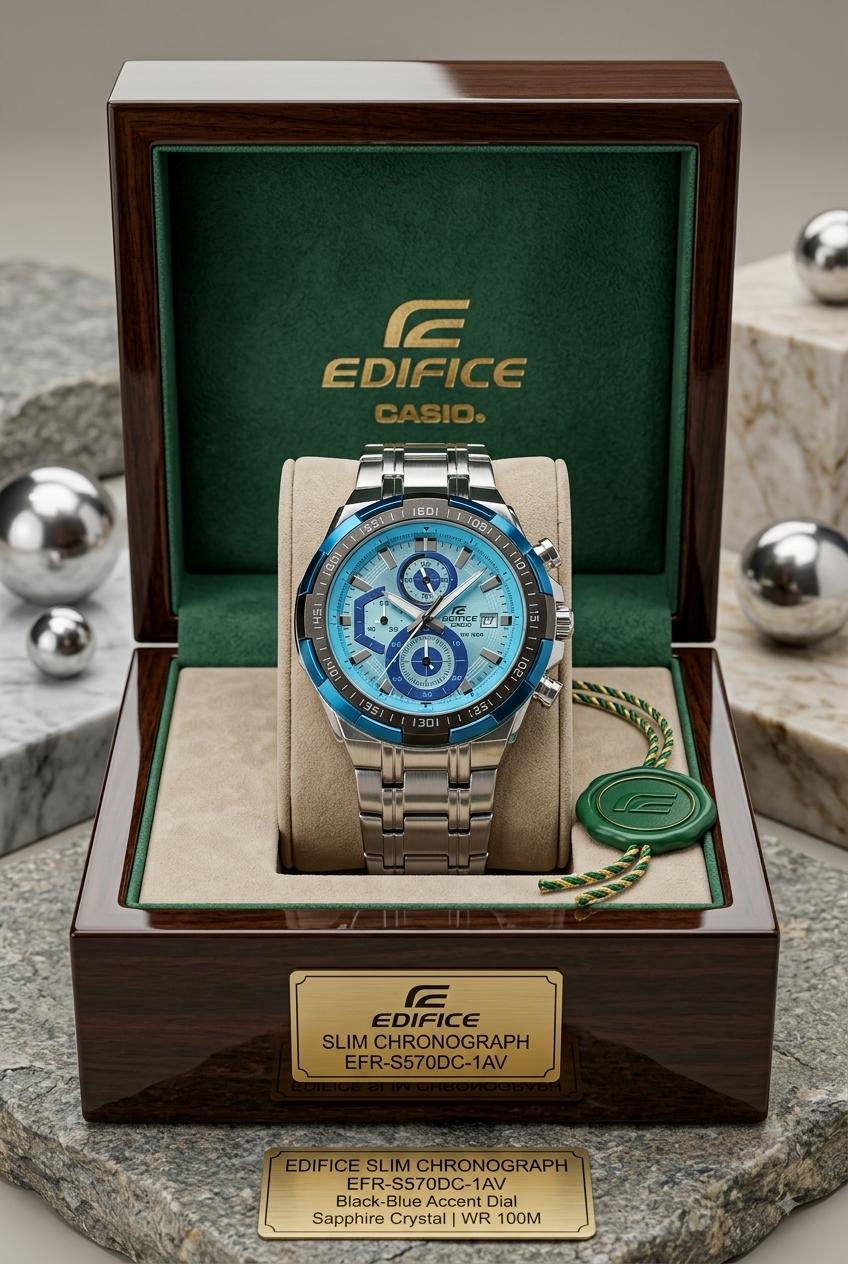 Casio Edifice Slim Chronograph Black-Blue Dial Stainless Steel Watch