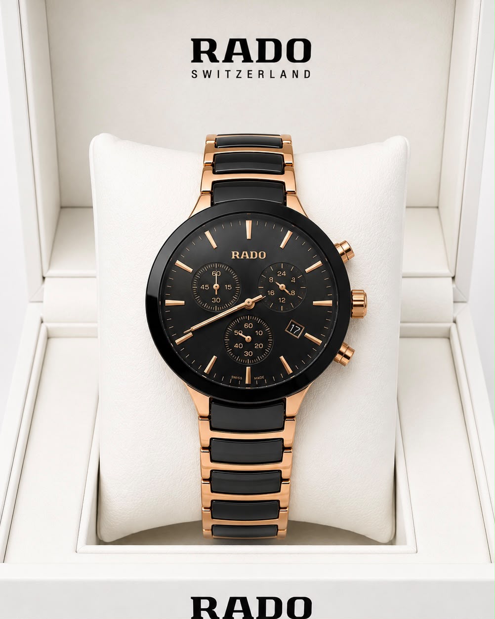 Rado Black Dial Rose Gold-Tone Stainless Steel Analog Watch